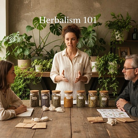 Three people in a room with plants and jars labeled 'Herbalism 101'.
