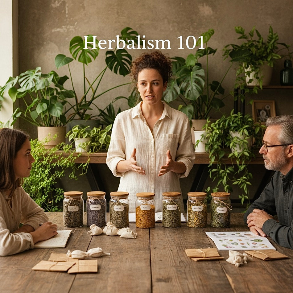 Three people in a room with plants and jars labeled 'Herbalism 101'.
