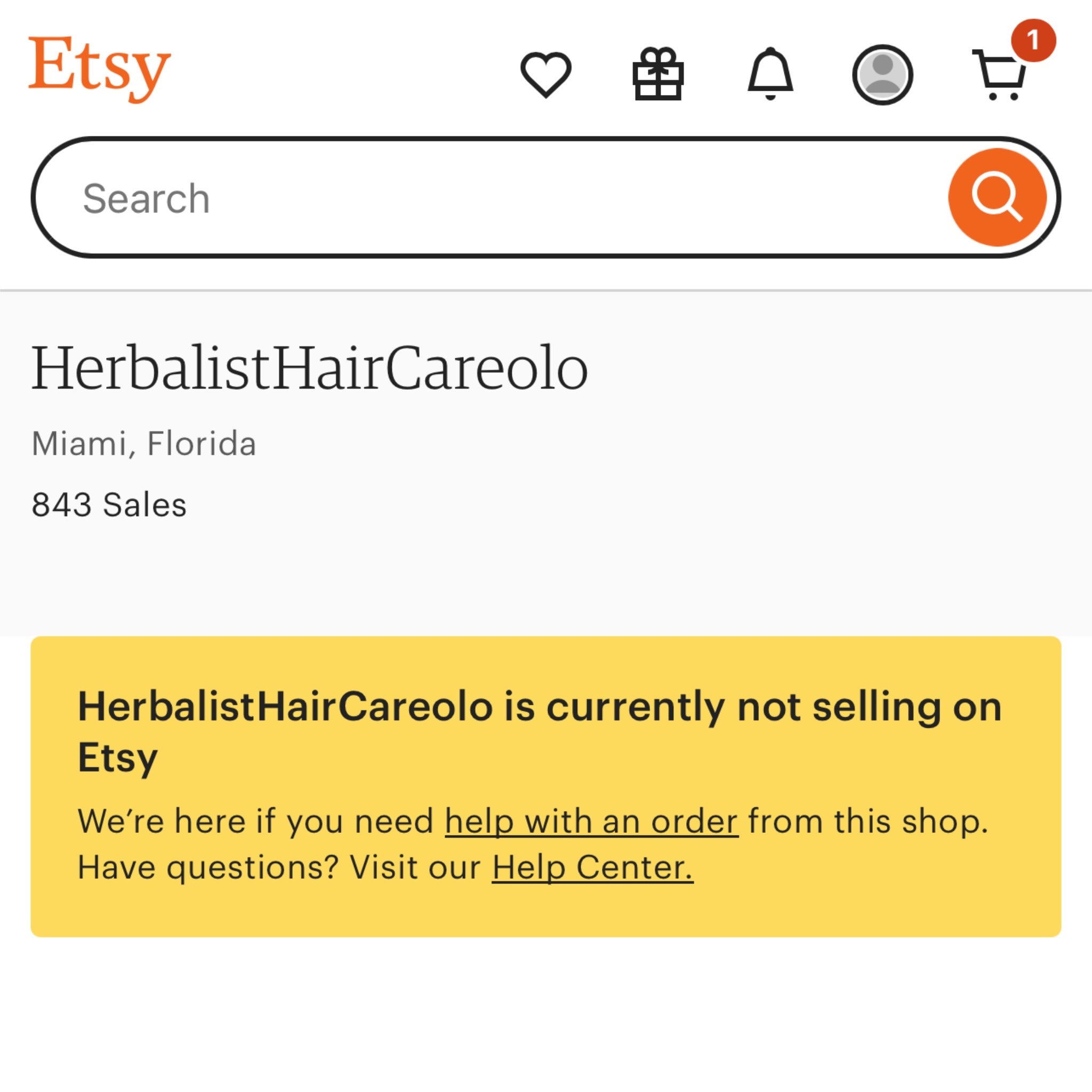 Etsy page showing 'HerbalistHairCareolo' with a message about not selling on Etsy.