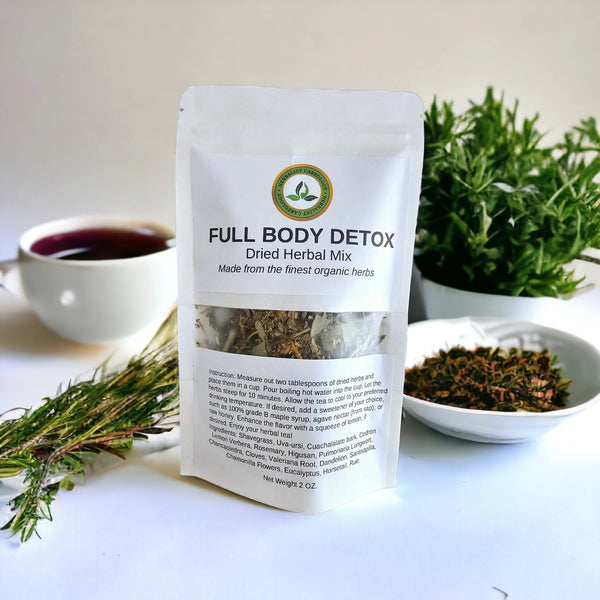 Full Detox Tea herbal blend with organic ingredients, displayed with a cup and herbs, promoting comprehensive body detoxification.