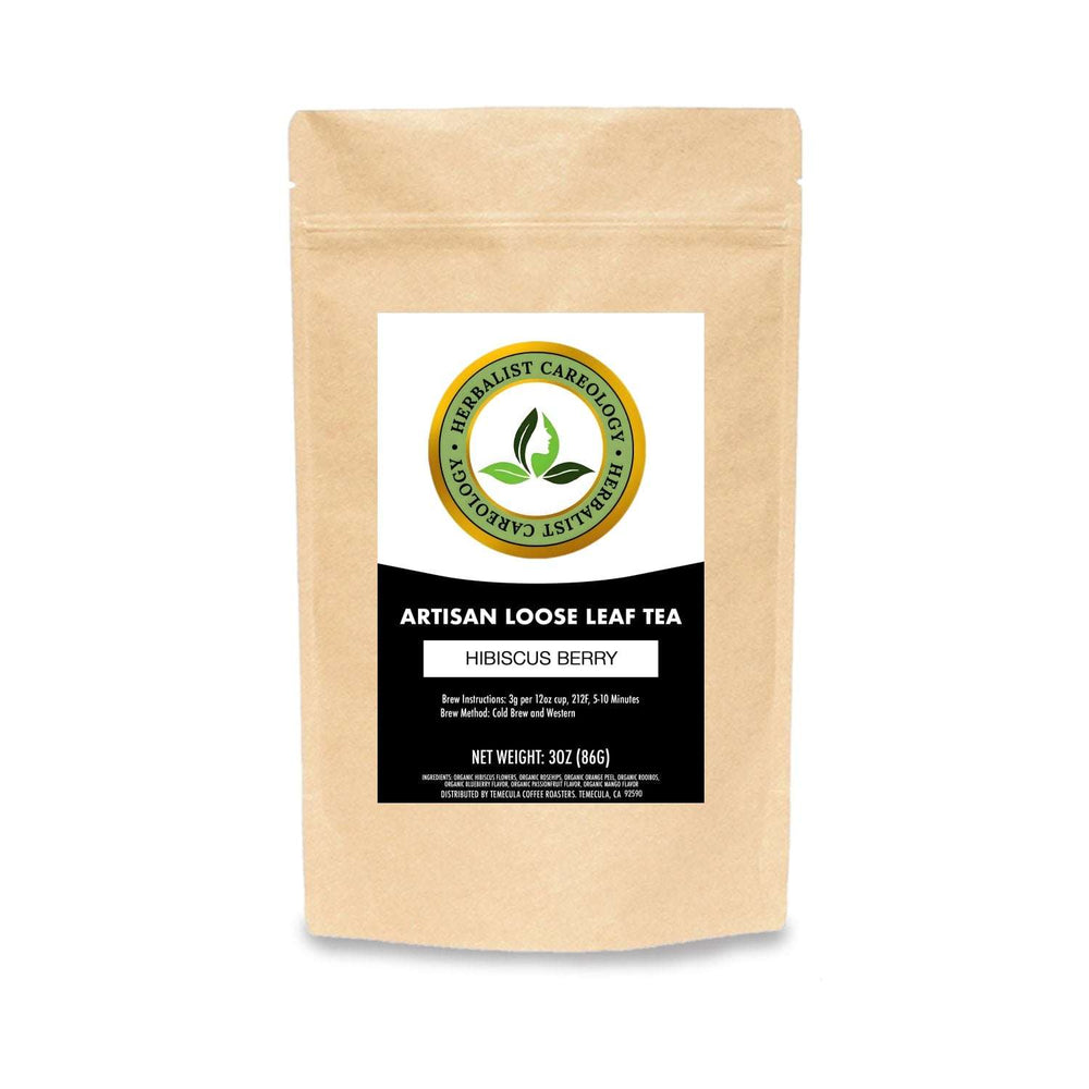 Hibiscus Berry Tea packaging with organic ingredients; refreshing herbal beverage.