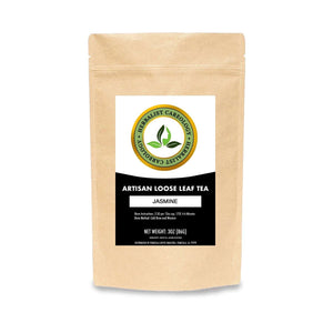 Jasmine blossoms loose leaf tea in kraft packaging, featuring a blend of jasmine and green tea for a smooth, silky taste.