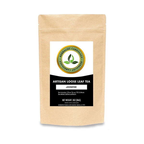 Jasmine blossoms loose leaf tea in kraft packaging, featuring a blend of jasmine and green tea for a smooth, silky taste.