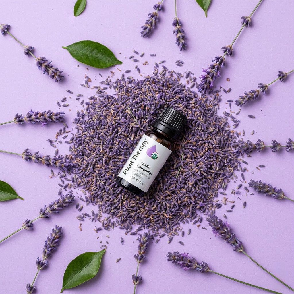 Lavender essential oil bottle surrounded by lavender flowers on a purple background