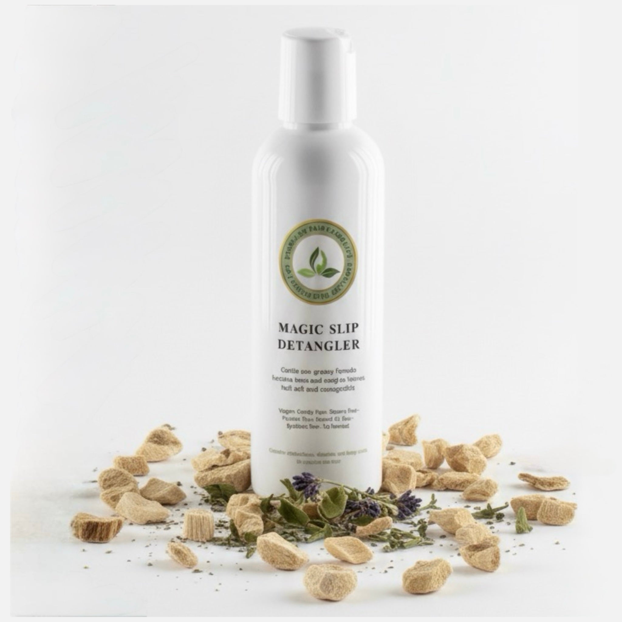 Magic Slip Detangler bottle with dried herbs on a white background