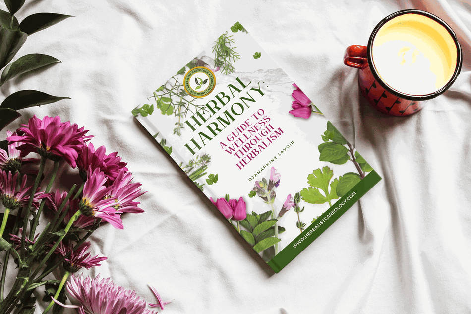 Ebook cover of "Herbal Harmony: A Guide to Wellness Through Herbalism" with floral design next to flowers and a cup of tea.