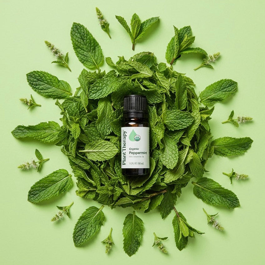Essential oil bottle surrounded by peppermint leaves on a green background