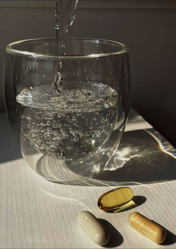 Clear glass being filled with water, with two capsules