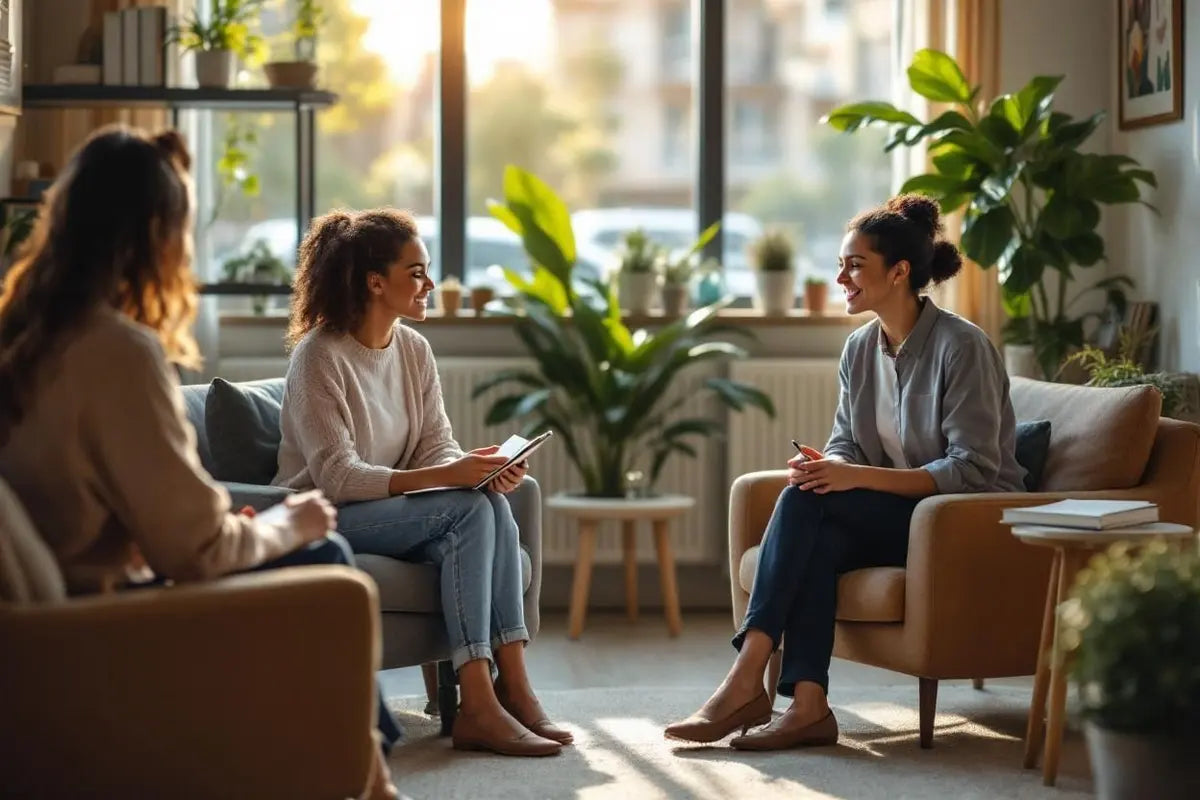 Three women sitting in a cozy living room engaged in conversation with a therapist 