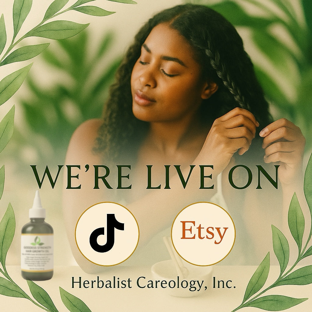 Woman with braided hair against a green leafy background with Herbalist Careology, Inc. branding.